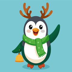 A cute cartoon Christmas reindeer with a red nose and Santa hat celebrates the winter holiday season with snow and fun