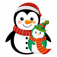 Cute cartoon snowman with a broom, Christmas tree, and red hat celebrates a happy winter holiday