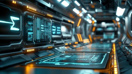 Obraz premium Futuristic spaceship corridor with glowing displays