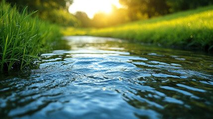 Fototapeta premium Gentle spring stream with melting snow and the first shoots of green grass. Seasonal nature background with soft blur and caption space. Symbol of renewal, spring equinox, and changing seasons.