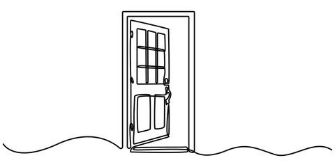 Door outline drawing illustration. one continuous line drawing of opened door, Continuous one line drawing of Opened door design. Opened door - hope, success symbol in single line draw illustration. 