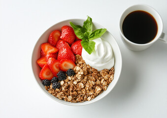 Healthy breakfast in bowl featuring granola, strawberry, blueberry, youghurt, and cofee on a white table, Minimal flat lay. Clean, aesthetic, and well-styled
