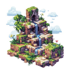 PNG Isometric nature-inspired ruins with waterfall and lush greenery