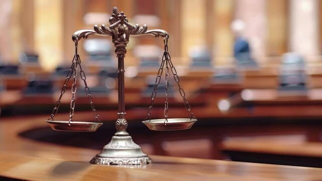 Vintage Bronze Scales of Justice in Elegant Courtroom Setting with Wooden Benches and Rows of Chairs 4k video footage