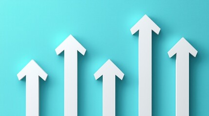 Five white arrows pointing upwards against a light teal background