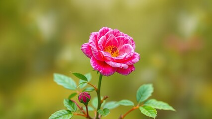 A single pink and white striped rose blossoms beautifully on a green stem with leaves and a bud.