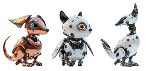 Set of 3 animal-inspired robots - a robotic with metallic bodies. Each element separately