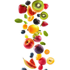 Colorful mixed fruit floating in air, Floating Sliced Fruits isolated on transparent background