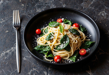 Classic Italian pasta dish with cherry tomatoes and spinach on a black plate with a slate surface