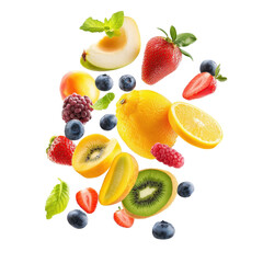 Colorful mixed fruit floating in air, Floating Sliced Fruits isolated on transparent background