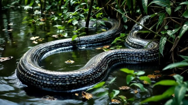 A dramatic shot of an anaconda slithering through the murky waters of the Amazon River, its long body twisting through the dense aquatic plants with powerful, smooth movements.
