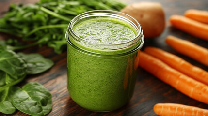 A jar of green smoothie surrounded by fresh spinach and carrots on a white marble top, symbolizing healthy vegan nutrition and natural ingredients.

