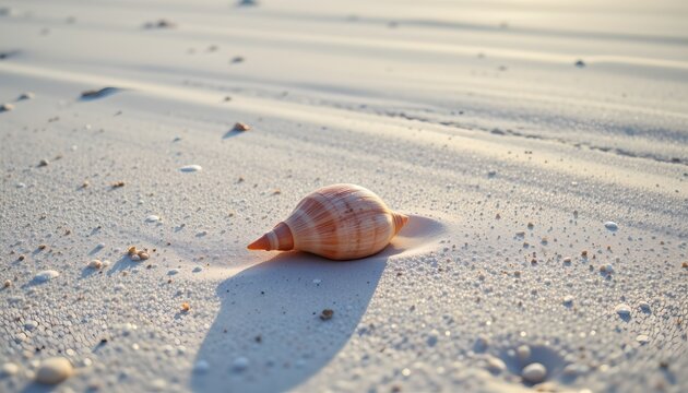 a lone seashell resting on smooth white sand with faint wind patterns