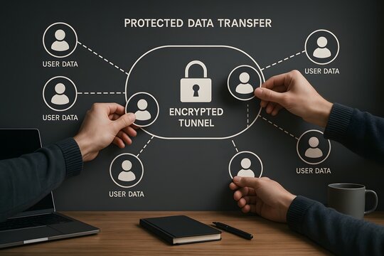 Secure Data Transfer Illustration, depicts an abstract, conceptual artwork showing the secure transfer of user data through a protected and encrypted tunnel.