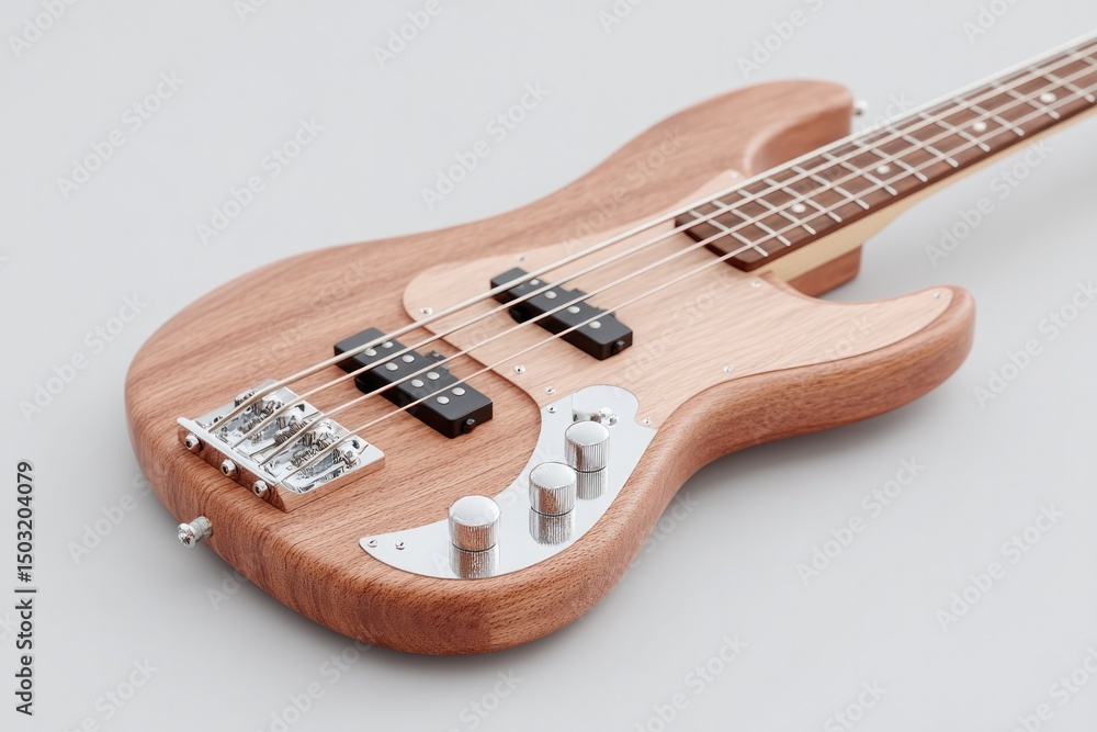 Poster close-up of bass guitar strings and frets in clean minimalistic style