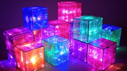 Stacked illuminated cubes of various colors.