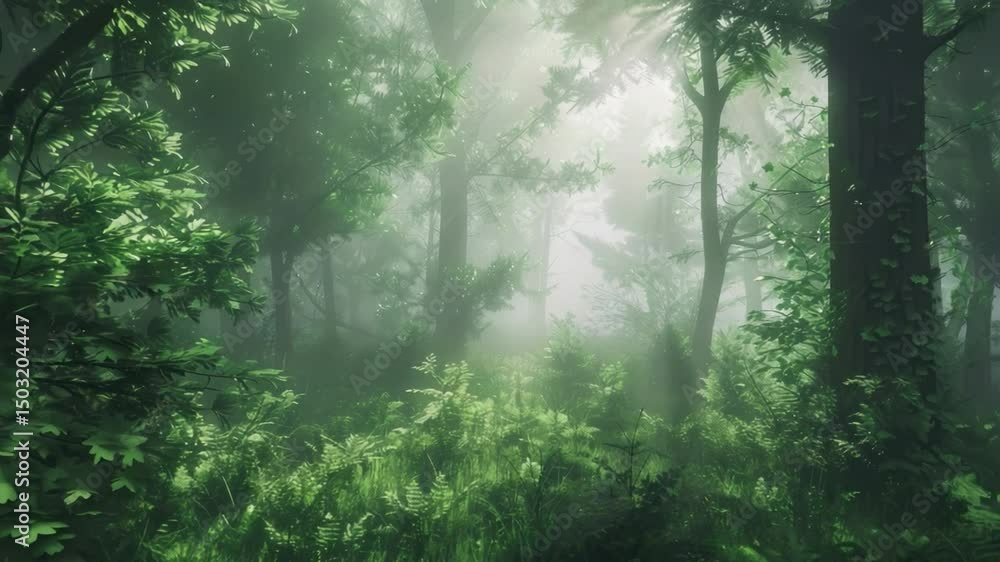 Poster enchanting misty forest with lush greenery and soft light filtering through the trees in a serene na