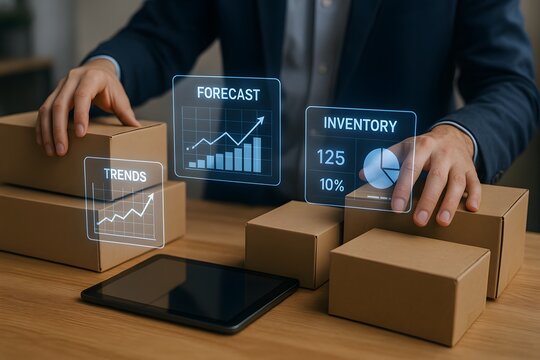 Supply Chain Data, a person carefully examines a holographic data visualization that projects from cardboard boxes, exploring supply chain trends and inventory analytics.