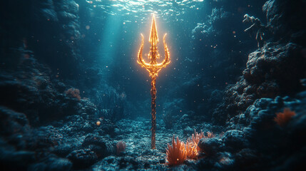 Stylized gold trident placed against a bright, blurred natural background with coral and rocks. Elegant, mythological, and symbolic imagery suitable for fantasy, mythology, and creative design concept
