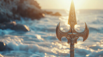 Stylized gold trident placed against a bright, blurred natural background with coral and rocks. Elegant, mythological, and symbolic imagery suitable for fantasy, mythology, and creative design concept