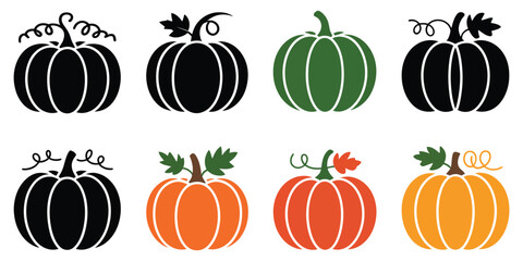 Colorful Pumpkins Autumn Harvest Clipart Set, Black vector Silhouette Pumpkins with Variations, 