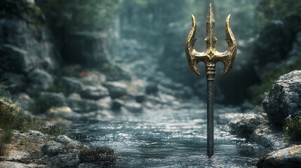 Stylized gold trident placed against a bright, blurred natural background with coral and rocks. Elegant, mythological, and symbolic imagery suitable for fantasy, mythology, and creative design concept