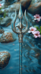 Stylized gold trident placed against a bright, blurred natural background with coral and rocks. Elegant, mythological, and symbolic imagery suitable for fantasy, mythology, and creative design concept