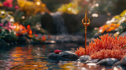 Stylized gold trident placed against a bright, blurred natural background with coral and rocks. Elegant, mythological, and symbolic imagery suitable for fantasy, mythology, and creative design concept