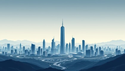 Obraz premium Urban skyline at dusk minimalist cityscape digital illustration modern architecture serene atmosphere