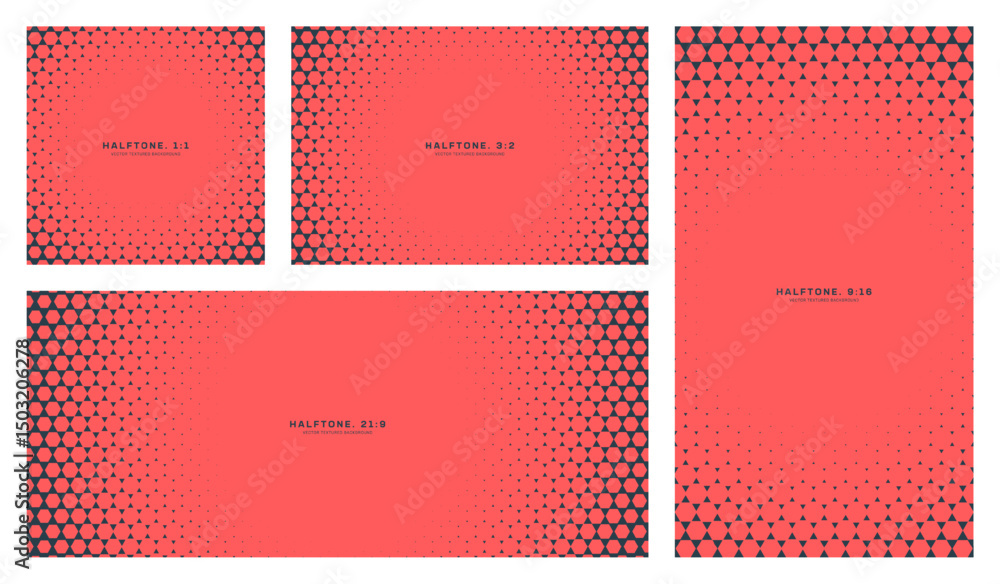 Poster vector halftone backgrounds with inverted hexagonal frames in multiple aspect ratios: 1:1, 3:2, 9:16