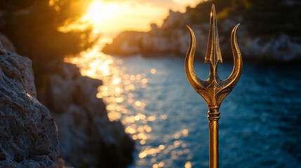 Stylized gold trident placed against a bright, blurred natural background with coral and rocks. Elegant, mythological, and symbolic imagery suitable for fantasy, mythology, and creative design concept