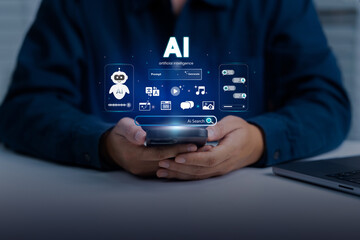 Artificial Intelligence and mobile technology concept. Man using smartphone for AI Search,...