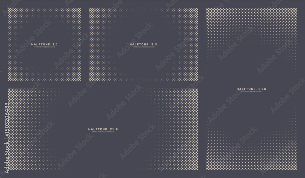 Poster minimal halftone round frame set with dot and rhombus patterns. includes 1:1, 3:2, 9:16, 21:9 format