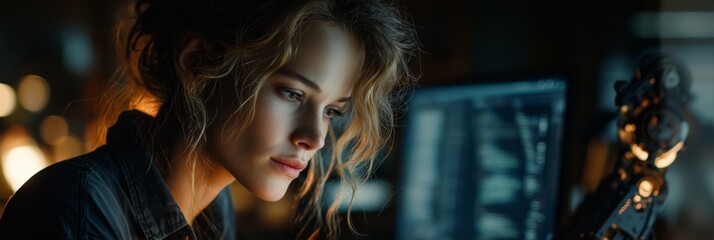 Young woman focused on robotic part on computer screen in a dimly lit room during late night hours