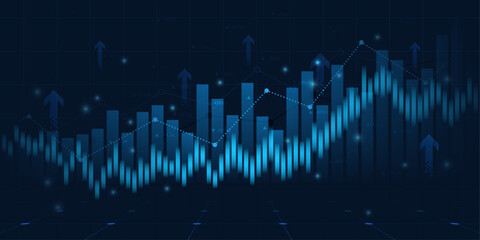 Technology financial graph with uptrend technology bar chart of stock market on blue color background