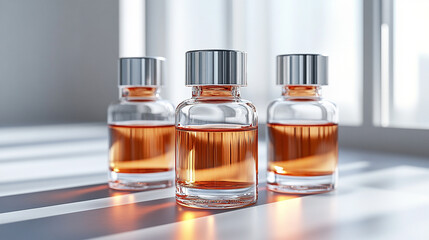 Transparent glass vial with metallic cap standing upright on a clean light background. Minimalistic 3D rendering mockup concept, ideal for branding, packaging design, and pharmaceutical product presen