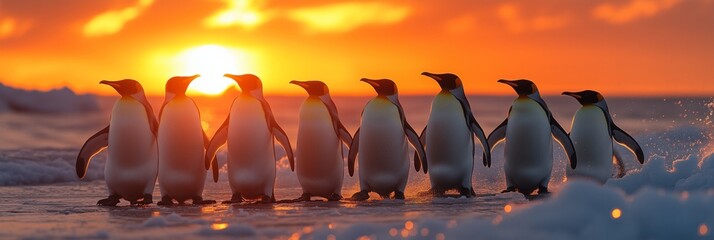 Penguins walk along the shoreline during a stunning sunset over the ocean