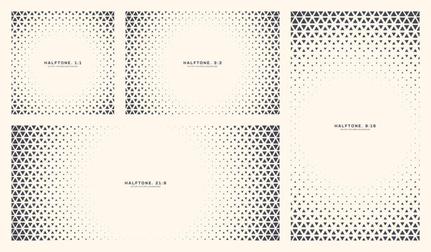 Stylized modern halftone border set with triangle dot grids for various aspect ratios. Perfect for digital graphics, UI layouts, trendy posters, modern presentations and tech-inspired abstract design