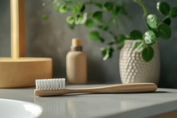 An eco-friendly bamboo toothbrush with organic toothpaste in a stylish bathroom setting, neutral tones, high aesthetic appeal