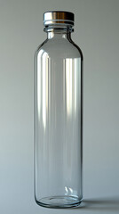 Transparent glass vial with metallic cap standing upright on a clean light background. Minimalistic 3D rendering mockup concept, ideal for branding, packaging design, and pharmaceutical product presen