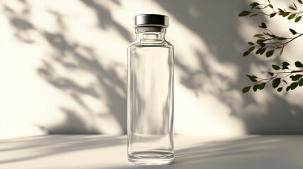 Transparent glass vial with metallic cap standing upright on a clean light background. Minimalistic 3D rendering mockup concept, ideal for branding, packaging design, and pharmaceutical product presen