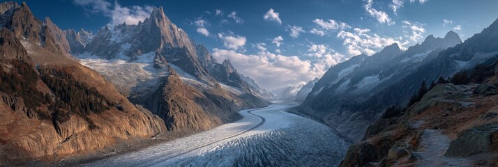 Stunning view of a glacier flowing through a mountain valley under a clear blue sky
