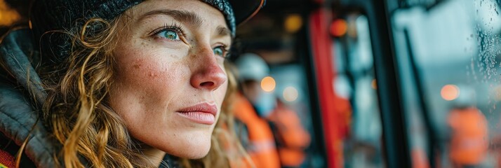 Woman in work attire gazes thoughtfully through rain-streaked window on construction site during overcast day