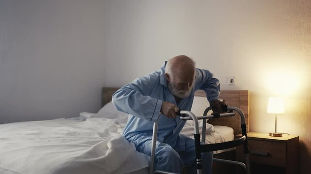 Elderly man using walker inside home, struggling with illness in old age