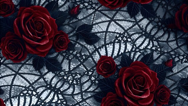 Rosas rojas sobre fondo negro de encaje de telara&ntilde;a  