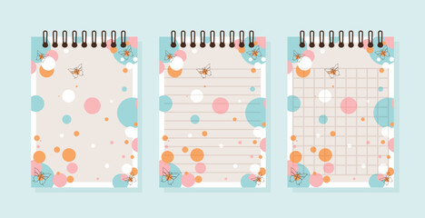 notebook paper set with grid lined and blank sheets decorated with balloons and butterflies flat vector illustration.