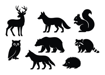 Forest animal silhouettes icons set – simple, wildlife and nature symbols