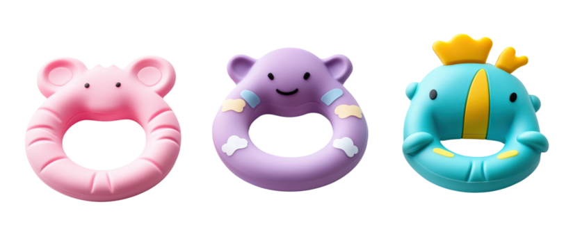 Set of baby teethers - colorful silicone teethers in fun shapes like animals and rings on a white background