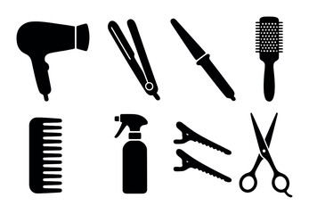 Hair styling tools silhouette icons set – haircut, salon and grooming essentials