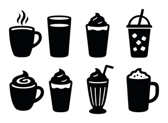 Chocolate beverages icons set – silhouette, drink and dessert symbols for cafes
